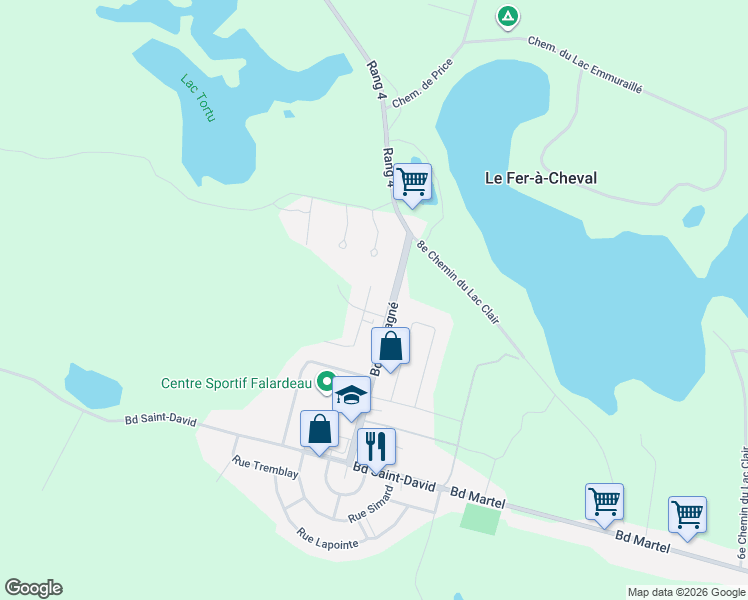 map of restaurants, bars, coffee shops, grocery stores, and more near 256 Rue Perron in Saint-David-de-Falardeau