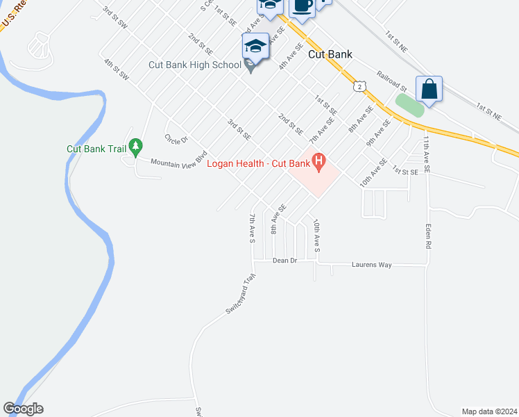 map of restaurants, bars, coffee shops, grocery stores, and more near 405 7th Avenue South in Cut Bank