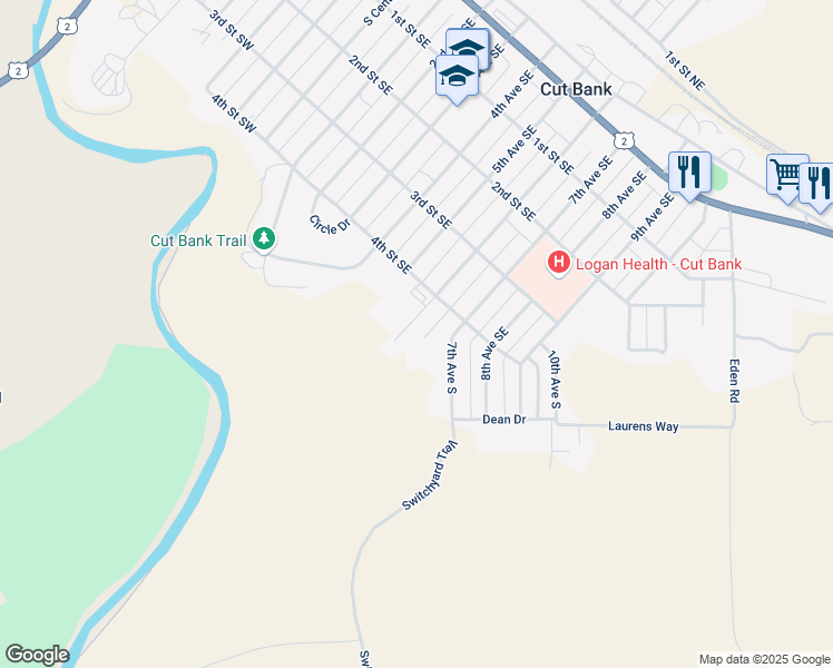 map of restaurants, bars, coffee shops, grocery stores, and more near 421 6th Avenue Southeast in Cut Bank