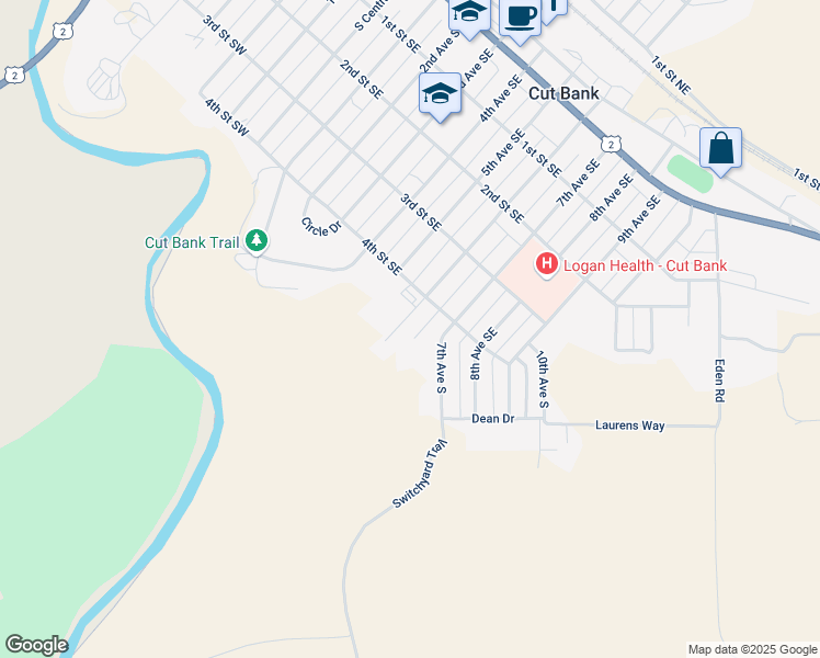map of restaurants, bars, coffee shops, grocery stores, and more near 421 6th Avenue Southeast in Cut Bank