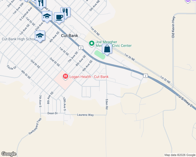 map of restaurants, bars, coffee shops, grocery stores, and more near 1017 1st Street Southeast in Cut Bank