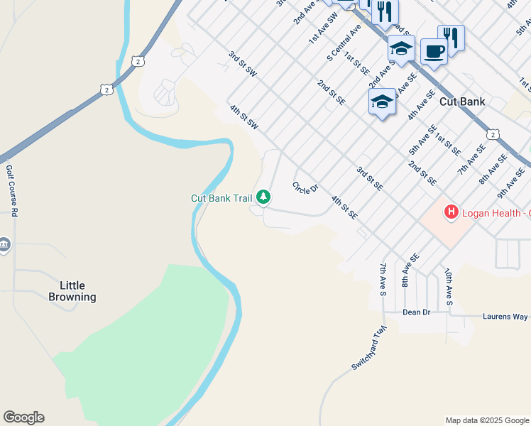map of restaurants, bars, coffee shops, grocery stores, and more near 100 Mountain View Boulevard in Cut Bank