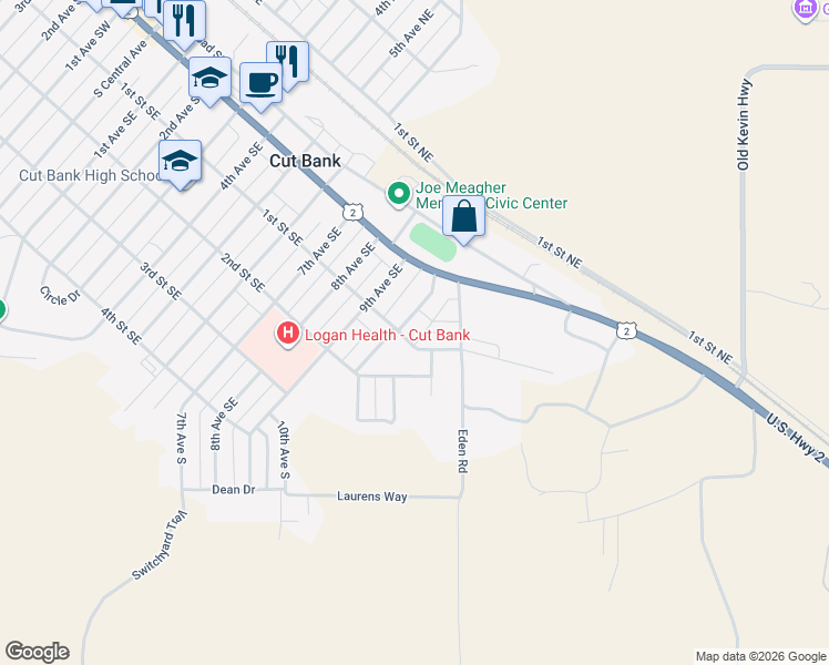 map of restaurants, bars, coffee shops, grocery stores, and more near 1017 1st Street Southeast in Cut Bank