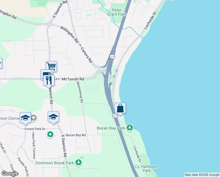 map of restaurants, bars, coffee shops, grocery stores, and more near 9071 Lochside Drive in Victoria