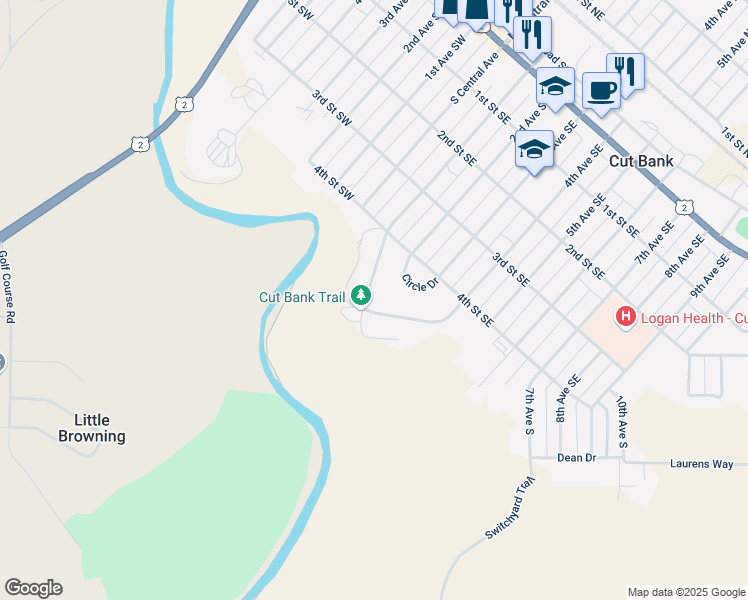 map of restaurants, bars, coffee shops, grocery stores, and more near 100 Mountain View Boulevard in Cut Bank