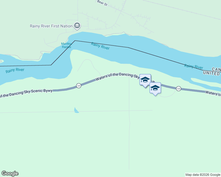 map of restaurants, bars, coffee shops, grocery stores, and more near 8640 Minnesota 11 in Baudette