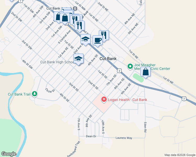 map of restaurants, bars, coffee shops, grocery stores, and more near 554-598 1st Street Southeast in Cut Bank