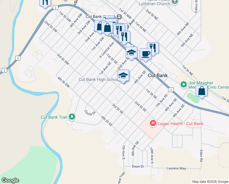map of restaurants, bars, coffee shops, grocery stores, and more near 211 3rd Avenue Southeast in Cut Bank