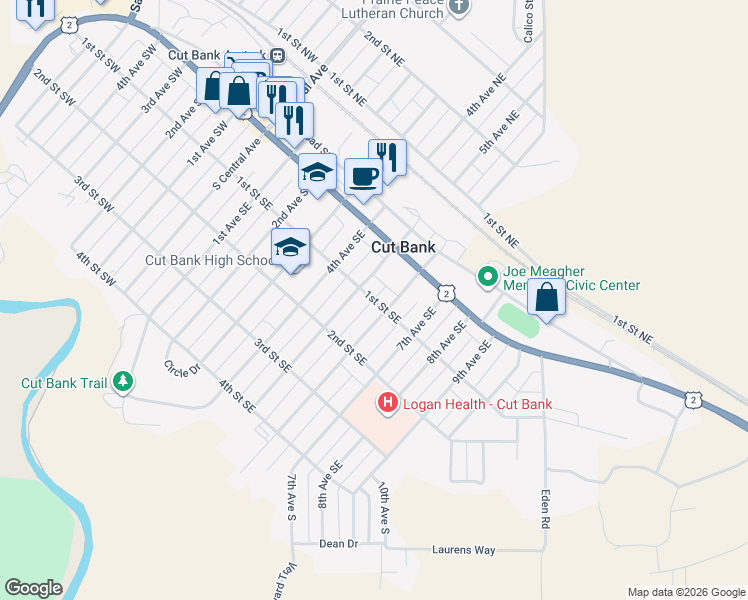 map of restaurants, bars, coffee shops, grocery stores, and more near 554 1st Street Southeast in Cut Bank