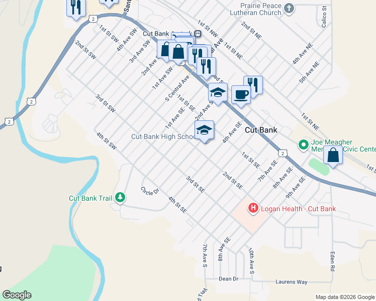 map of restaurants, bars, coffee shops, grocery stores, and more near 211 3rd Ave SE in Cut Bank