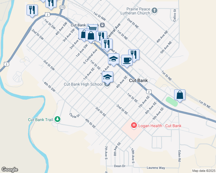 map of restaurants, bars, coffee shops, grocery stores, and more near 101 3rd Avenue Southeast in Cut Bank