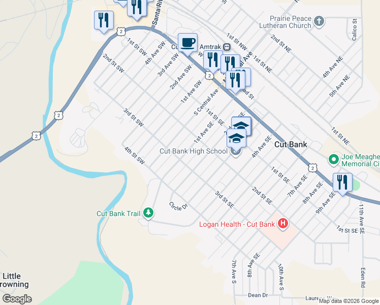 map of restaurants, bars, coffee shops, grocery stores, and more near 218 1st Avenue Southeast in Cut Bank