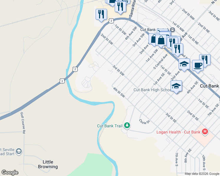 map of restaurants, bars, coffee shops, grocery stores, and more near 118 4th Street Southwest in Cut Bank