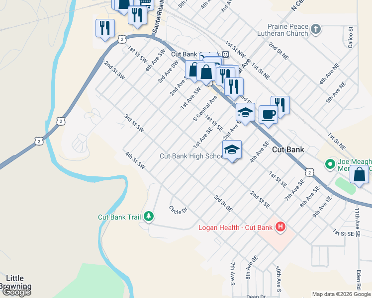 map of restaurants, bars, coffee shops, grocery stores, and more near 218 1st Avenue Southeast in Cut Bank