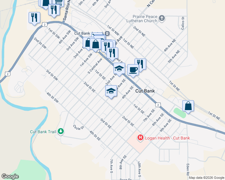 map of restaurants, bars, coffee shops, grocery stores, and more near 106 3rd Avenue Southeast in Cut Bank