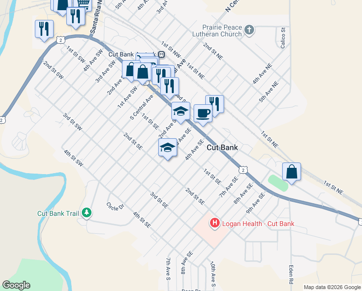 map of restaurants, bars, coffee shops, grocery stores, and more near 106 3rd Avenue Southeast in Cut Bank