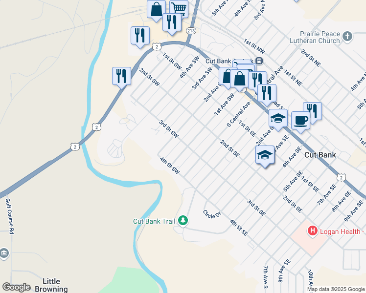 map of restaurants, bars, coffee shops, grocery stores, and more near 309 1st Avenue Southwest in Cut Bank