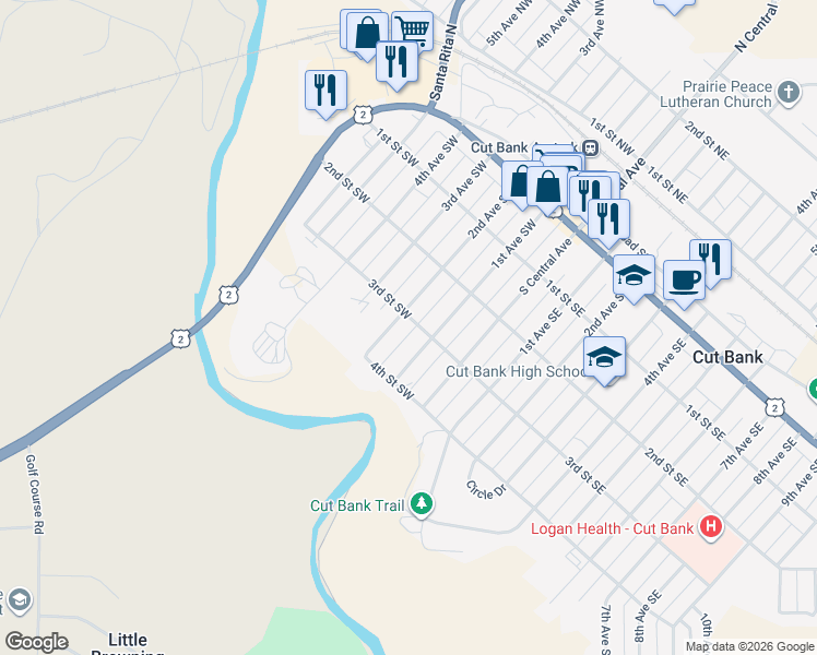 map of restaurants, bars, coffee shops, grocery stores, and more near 225 2nd Avenue Southwest in Cut Bank