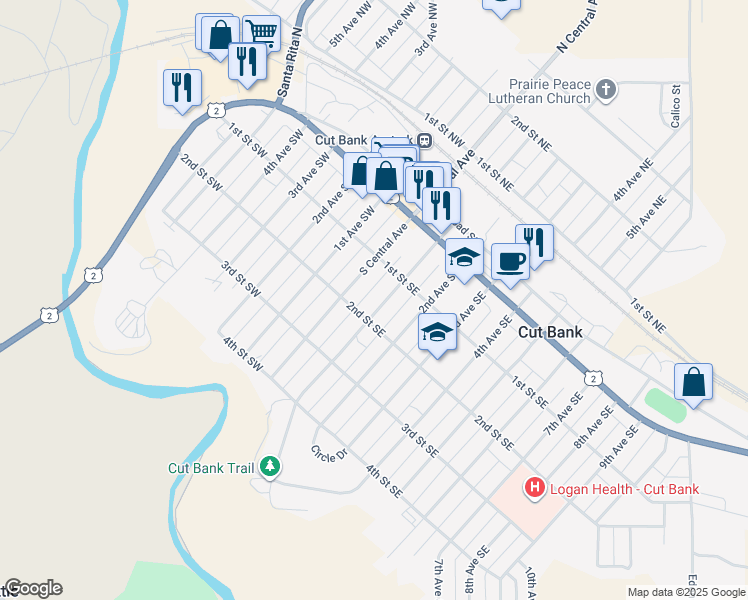 map of restaurants, bars, coffee shops, grocery stores, and more near 109 S Central Ave in Cut Bank