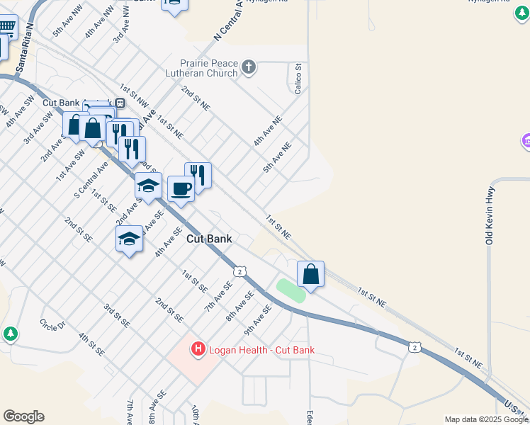 map of restaurants, bars, coffee shops, grocery stores, and more near 118 6th Avenue Northeast in Cut Bank