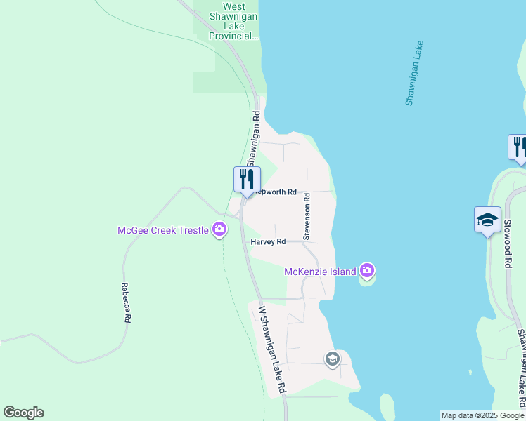 map of restaurants, bars, coffee shops, grocery stores, and more near 2176 Hepworth Road in Shawnigan Lake