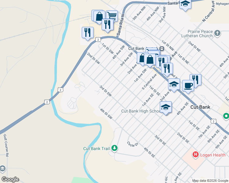 map of restaurants, bars, coffee shops, grocery stores, and more near 225 2nd Avenue Southwest in Cut Bank