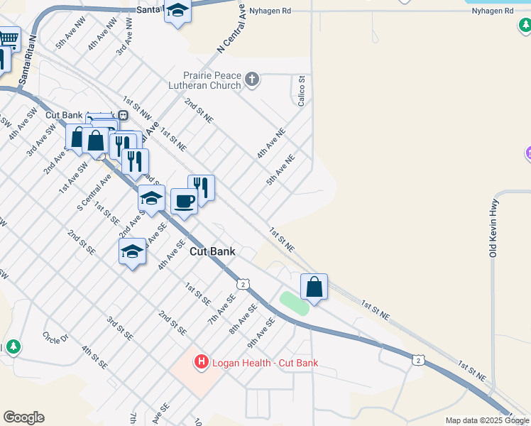 map of restaurants, bars, coffee shops, grocery stores, and more near 118 6th Avenue Northeast in Cut Bank