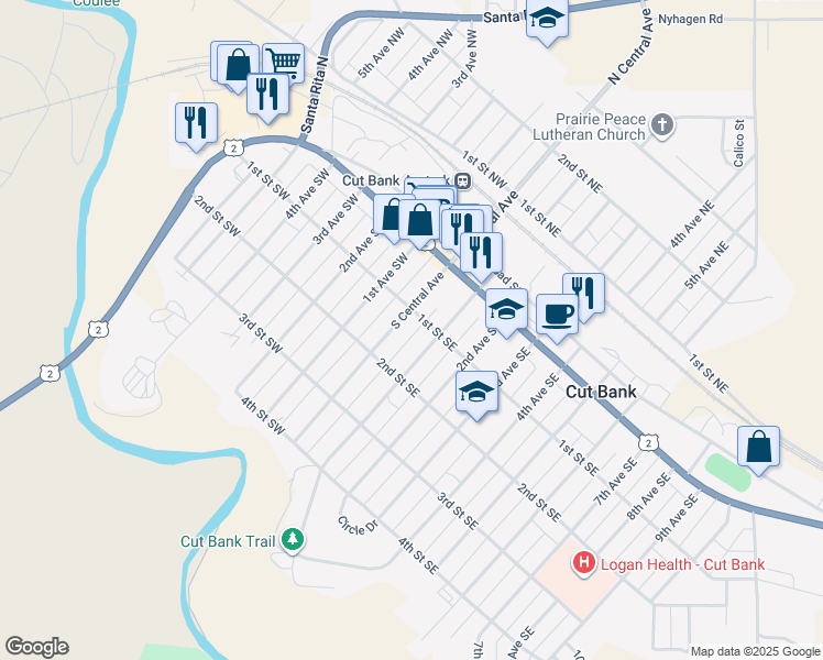 map of restaurants, bars, coffee shops, grocery stores, and more near 109 South Central Avenue in Cut Bank