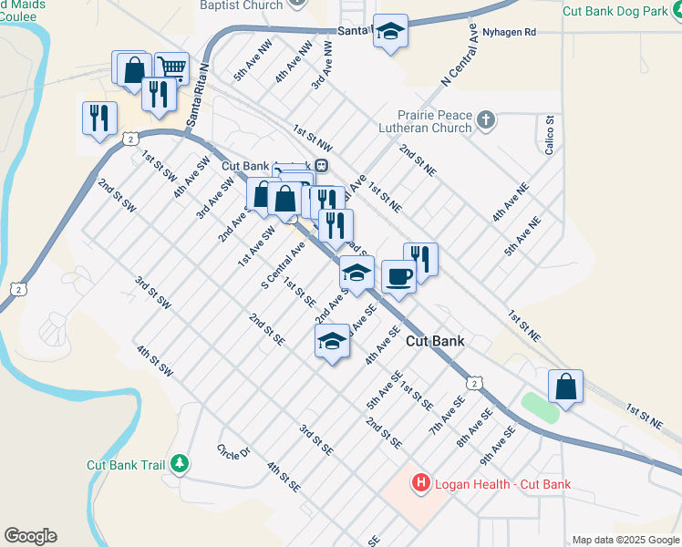 map of restaurants, bars, coffee shops, grocery stores, and more near 110 East Main Street in Cut Bank