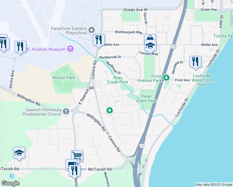 map of restaurants, bars, coffee shops, grocery stores, and more near 9428 Brookwood Drive in Sidney