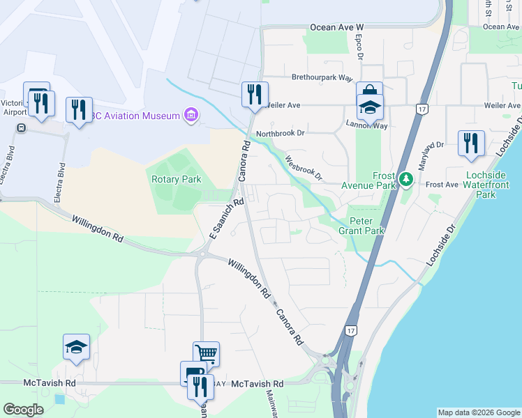 map of restaurants, bars, coffee shops, grocery stores, and more near 9388 Brookwood Drive in Sidney