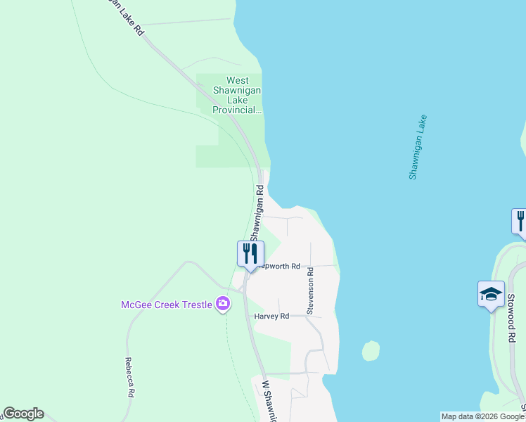 map of restaurants, bars, coffee shops, grocery stores, and more near 2144 Angus Road in Shawnigan Lake