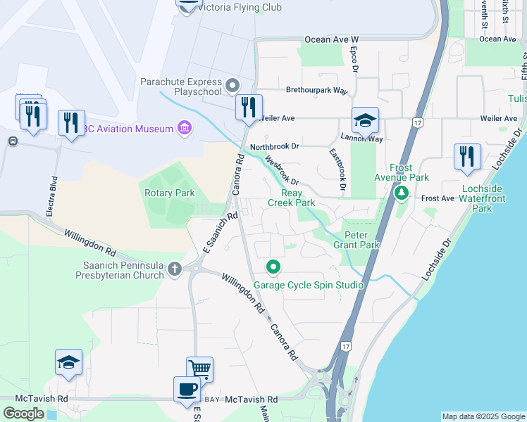 map of restaurants, bars, coffee shops, grocery stores, and more near 9385 Brookwood Drive in Sidney
