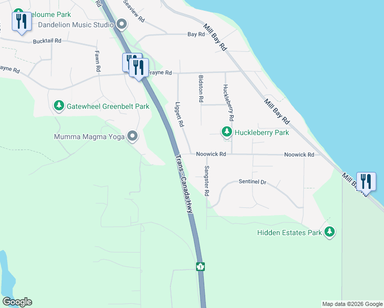 map of restaurants, bars, coffee shops, grocery stores, and more near 664 Noowick Road in Mill Bay
