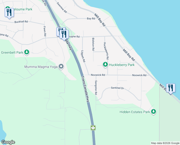map of restaurants, bars, coffee shops, grocery stores, and more near 664 Noowick Road in Mill Bay