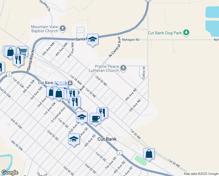 map of restaurants, bars, coffee shops, grocery stores, and more near 201 2nd Street Northeast in Cut Bank