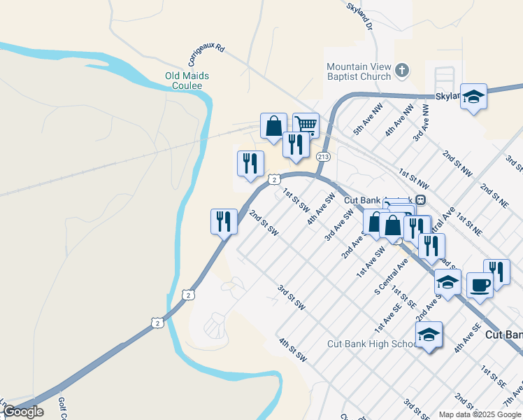 map of restaurants, bars, coffee shops, grocery stores, and more near 650 West Main Street in Cut Bank