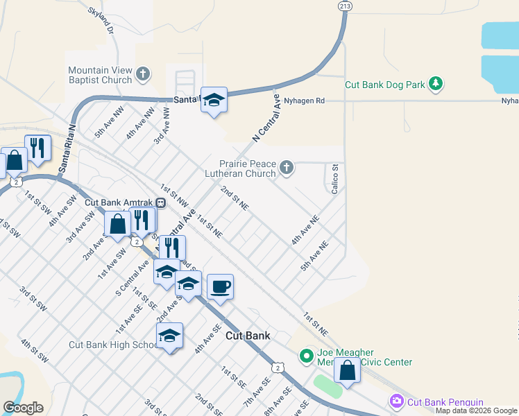 map of restaurants, bars, coffee shops, grocery stores, and more near 201 2nd Street Northeast in Cut Bank