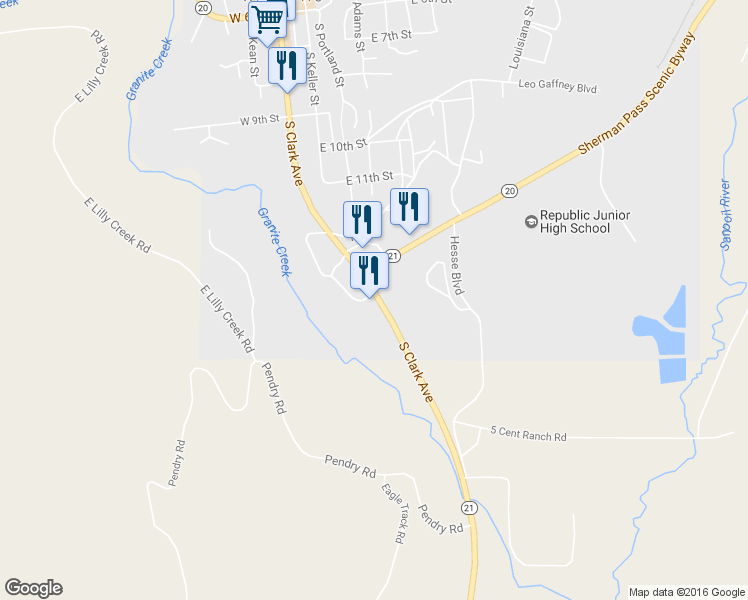 map of restaurants, bars, coffee shops, grocery stores, and more near 711 South Clark Avenue in Republic