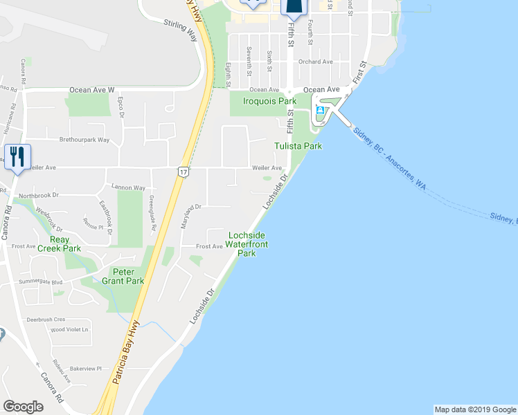 map of restaurants, bars, coffee shops, grocery stores, and more near 9492 Lochside Drive in Sidney