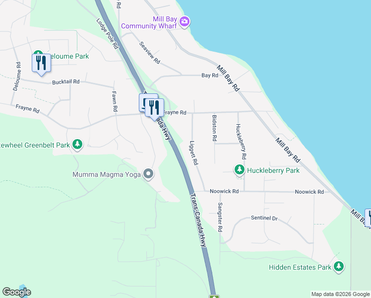 map of restaurants, bars, coffee shops, grocery stores, and more near 2490 Island Highway in Mill Bay