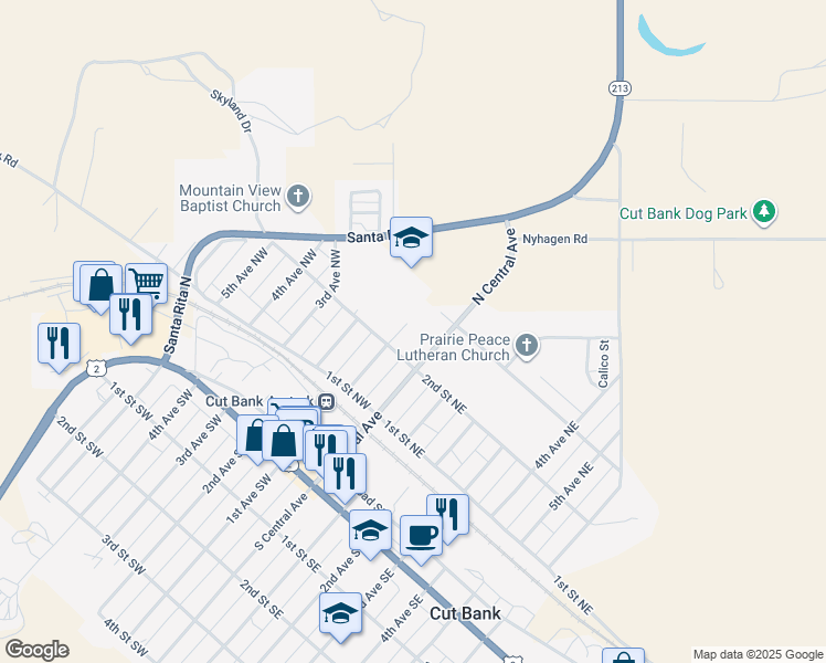 map of restaurants, bars, coffee shops, grocery stores, and more near 211 1st Avenue Northwest in Cut Bank