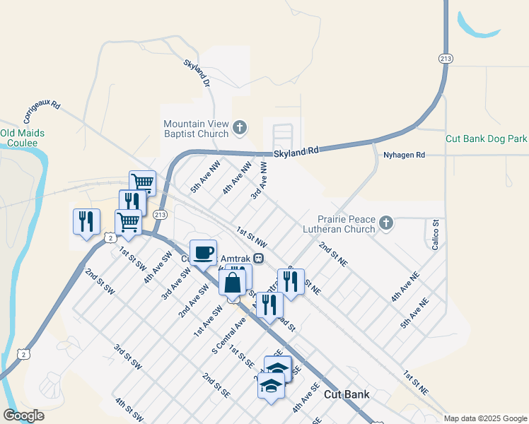 map of restaurants, bars, coffee shops, grocery stores, and more near 138 2nd Avenue Northwest in Cut Bank