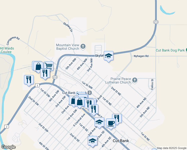 map of restaurants, bars, coffee shops, grocery stores, and more near 138 2nd Avenue Northwest in Cut Bank