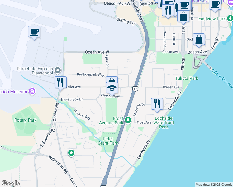 map of restaurants, bars, coffee shops, grocery stores, and more near 2170 Lannon Way in Sidney