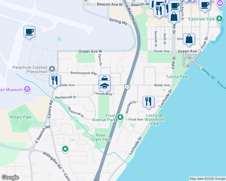 map of restaurants, bars, coffee shops, grocery stores, and more near 2170 Lannon Way in Sidney