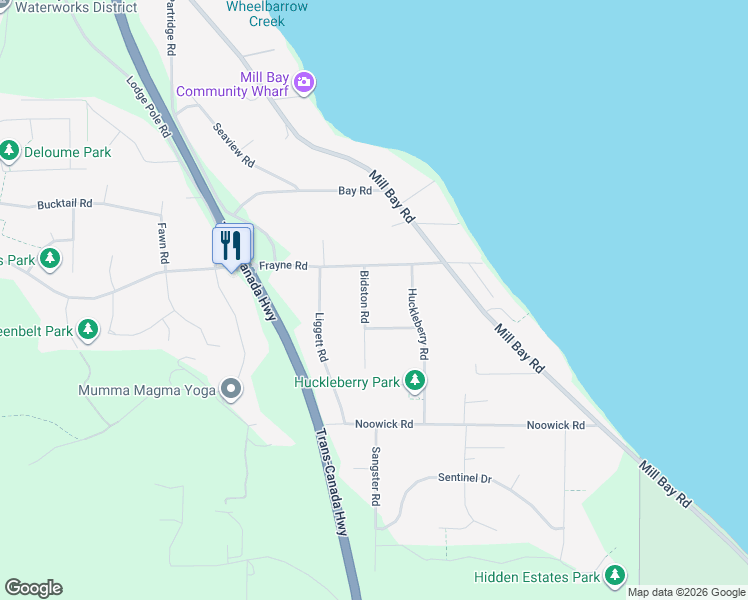 map of restaurants, bars, coffee shops, grocery stores, and more near 2473 Bidston Road in Mill Bay