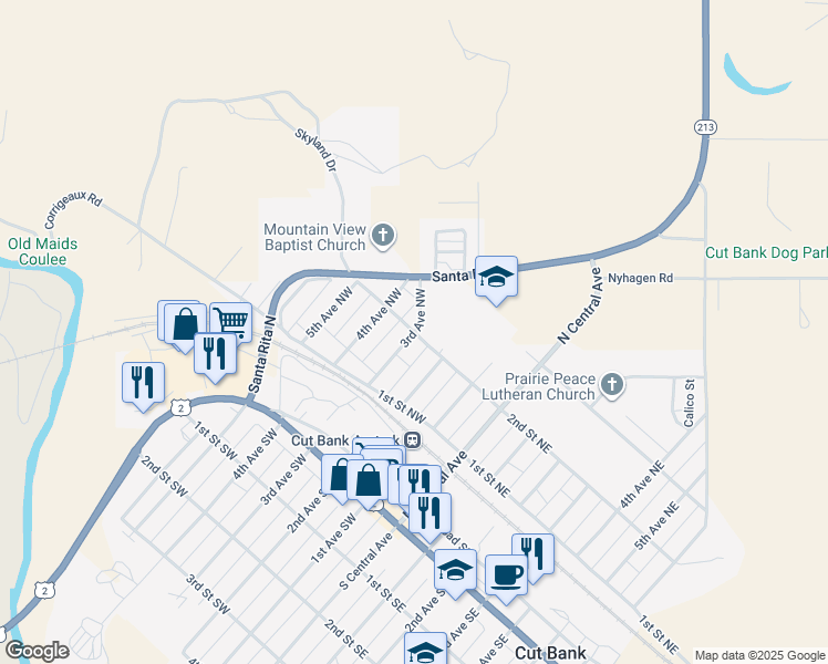 map of restaurants, bars, coffee shops, grocery stores, and more near 301 2nd Street Northwest in Cut Bank