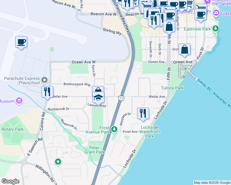 map of restaurants, bars, coffee shops, grocery stores, and more near 9548 Sharples Road in Sidney
