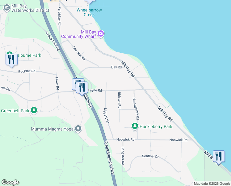 map of restaurants, bars, coffee shops, grocery stores, and more near 660 Frayne Road in Mill Bay